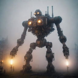 A giant gaspunk mecha, designed with ornate gas pipes and valves, emitting a soft glow from gas conditions, encapsulated in a fantastical, foggy landscape.