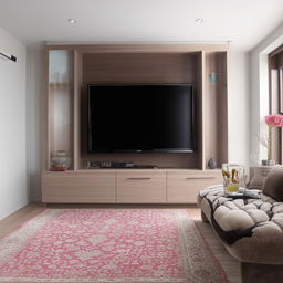 A 12x20 feet living room featuring a stylish TV unit on the shorter wall. The room exhibits contemporary furniture, a plush rug, sidelights, and a balanced blend of comfort and modern aesthetics.