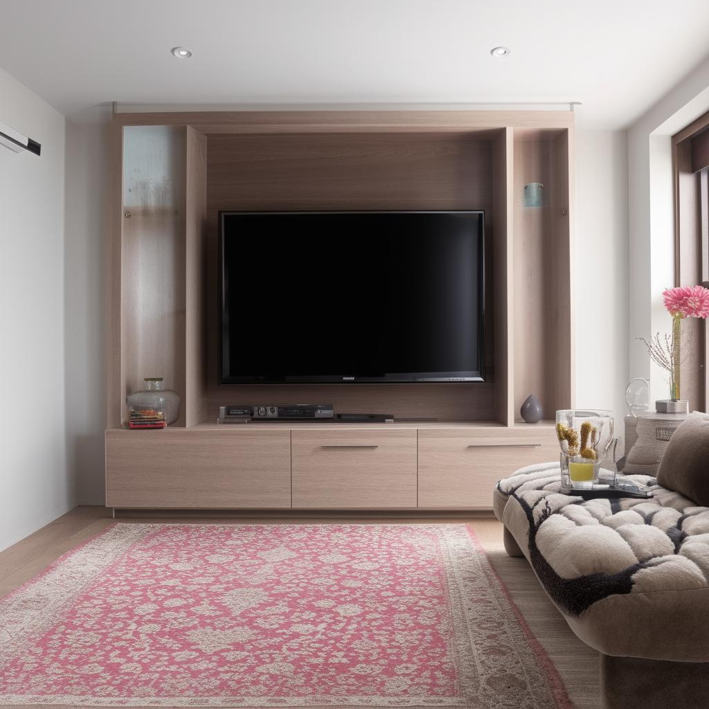 A 12x20 feet living room featuring a stylish TV unit on the shorter wall. The room exhibits contemporary furniture, a plush rug, sidelights, and a balanced blend of comfort and modern aesthetics.