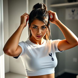 A sexy Latina girl in her club changing room, sporting a tight and fashionable Tottenham Hotspur football uniform while she tidies her hair