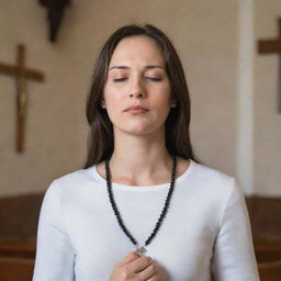 A serene woman with eyes closed, gently clasping a rosary in a peaceful church. In front of her is a cross with Jesus depicted on it.