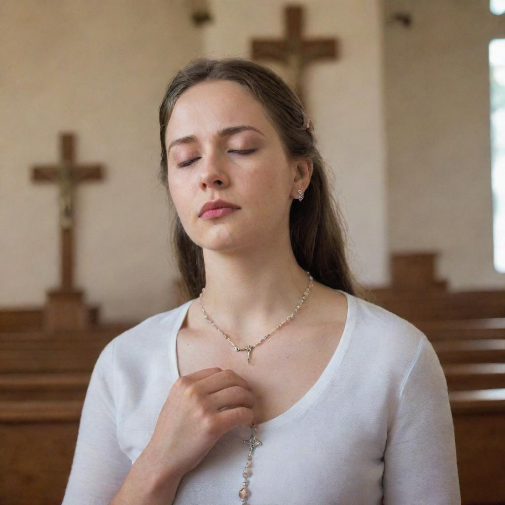 A serene woman with eyes closed, gently clasping a rosary in a peaceful church. In front of her is a cross with Jesus depicted on it.