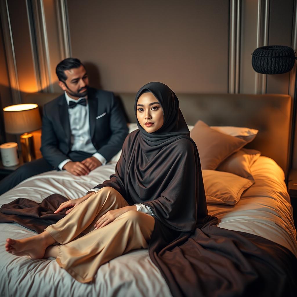 A beautifully composed scene featuring a stunning Asian woman in a hijab, elegantly posed on a luxurious bed