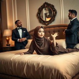 A beautifully composed scene featuring a stunning Asian woman in a hijab, elegantly posed on a luxurious bed