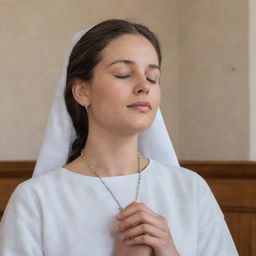 A serene woman with eyes closed, gently clasping a rosary in a peaceful church. In front of her is a cross with Jesus depicted on it.