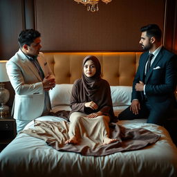 A beautifully composed scene featuring a stunning Asian woman in a hijab, elegantly posed on a luxurious bed