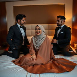 A beautifully composed scene featuring a stunning Asian woman in a hijab, elegantly posed on a luxurious bed