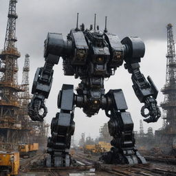 A massive oilpunk mecha, built with shiny obsidian metal parts, with oil dripping from joints and gears, set against a backdrop of drilling towers and pipelines.