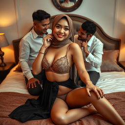 An alluring scene featuring a beautiful Asian woman in a hijab, wearing a sexy bra and matching lingerie, confidently posed on a plush bed