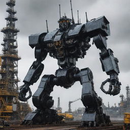 A massive oilpunk mecha, built with shiny obsidian metal parts, with oil dripping from joints and gears, set against a backdrop of drilling towers and pipelines.