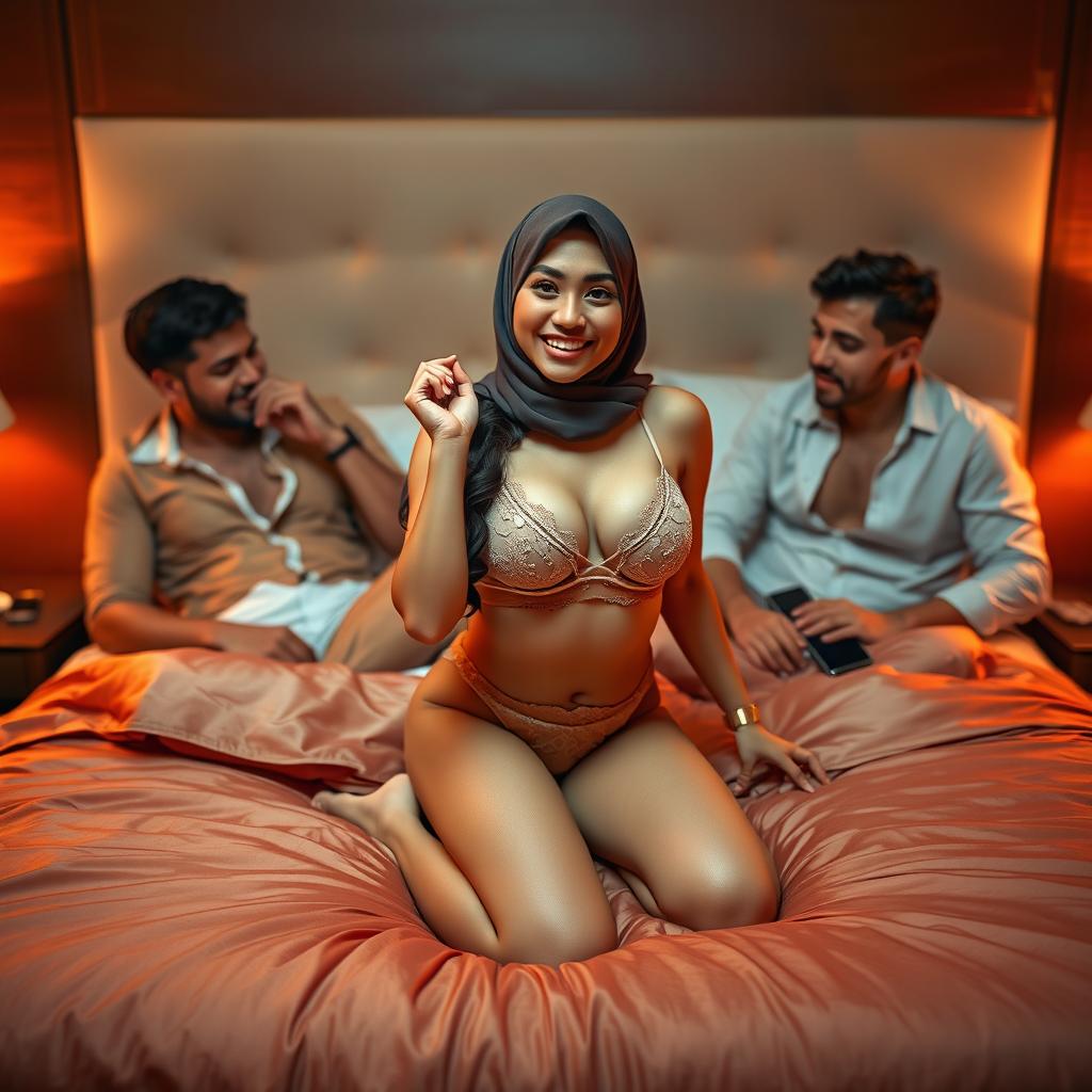 An enticing scene featuring a beautiful Asian woman in a hijab, wearing a sexy bra and matching lingerie, striking a playful kneeling pose on a luxurious bed