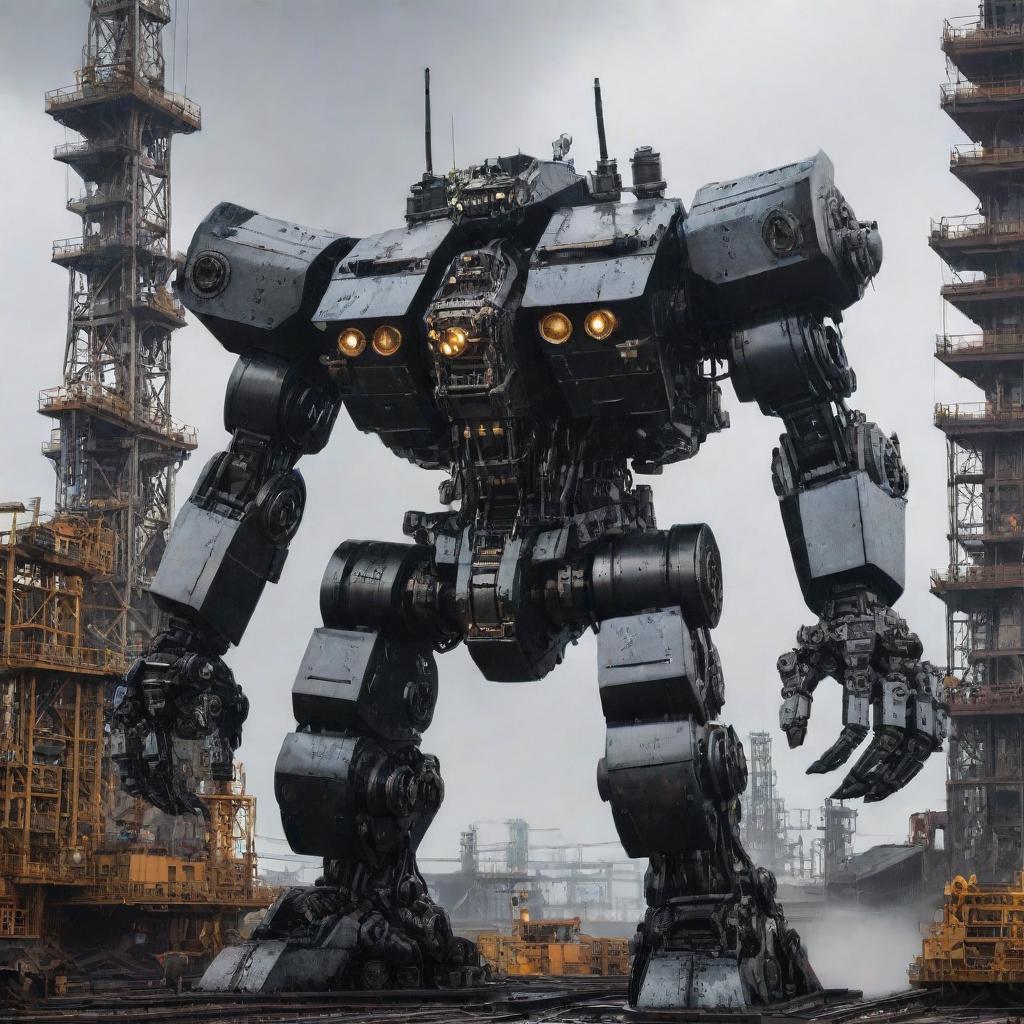 A massive oilpunk mecha, built with shiny obsidian metal parts, with oil dripping from joints and gears, set against a backdrop of drilling towers and pipelines.