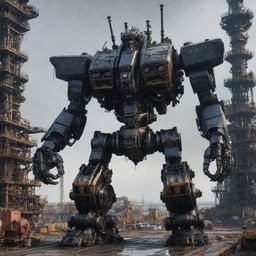 A massive oilpunk mecha, built with shiny obsidian metal parts, with oil dripping from joints and gears, set against a backdrop of drilling towers and pipelines.