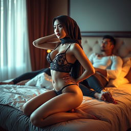 A sensuous and artistic representation of a beautiful Asian woman in a hijab, wearing sexy lingerie, striking a bold kneeling pose atop a luxurious bed