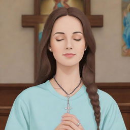 Cartoon style depiction of a serene woman with eyes closed, gently holding a rosary inside a church, facing a cross with Jesus on it.