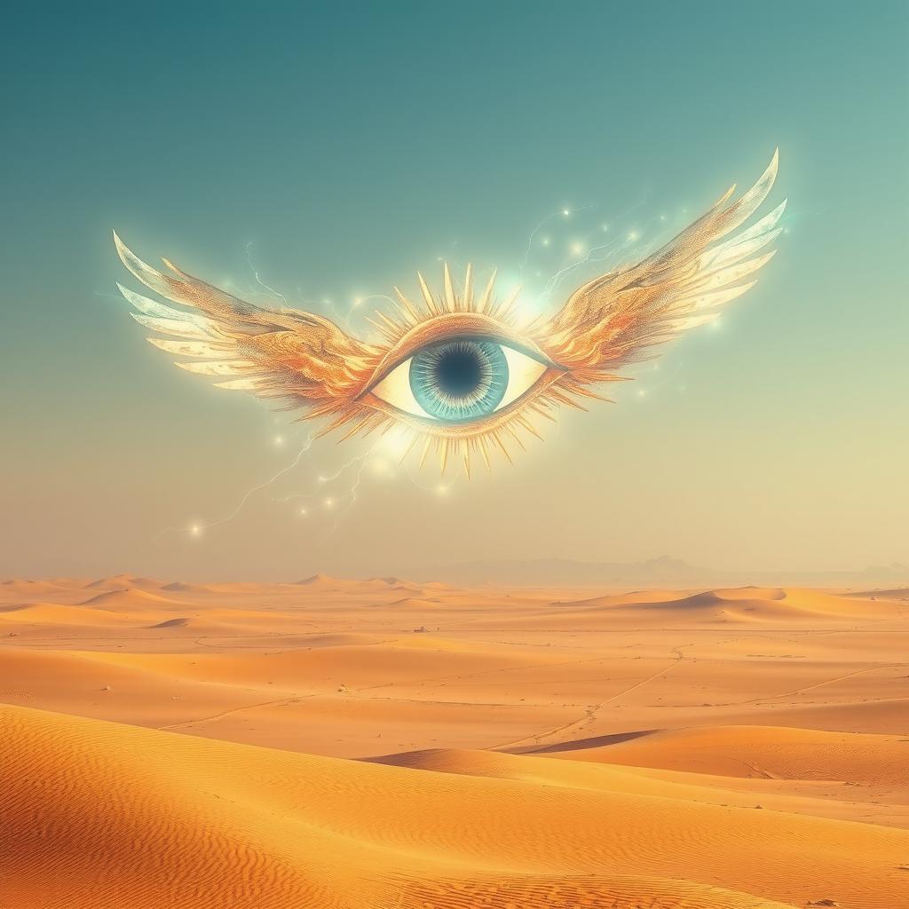 An arcane eye soaring majestically over a vast desert landscape, glowing with mystical energy