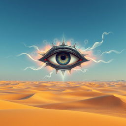 An arcane eye soaring majestically over a vast desert landscape, glowing with mystical energy