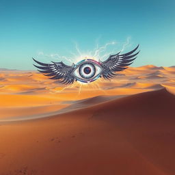 An arcane eye soaring majestically over a vast desert landscape, glowing with mystical energy