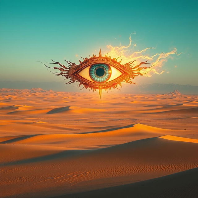 An arcane eye soaring majestically over a vast desert landscape, glowing with mystical energy