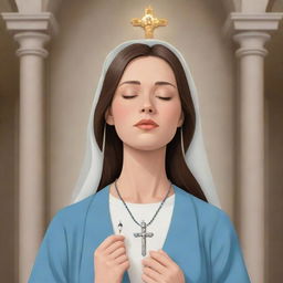 Cartoon style depiction of a serene woman with eyes closed, gently holding a rosary inside a church, facing a cross with Jesus on it.