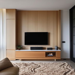 A 12x20 feet living room featuring a stylish TV unit on the shorter wall. The room exhibits contemporary furniture, a plush rug, sidelights, and a balanced blend of comfort and modern aesthetics.