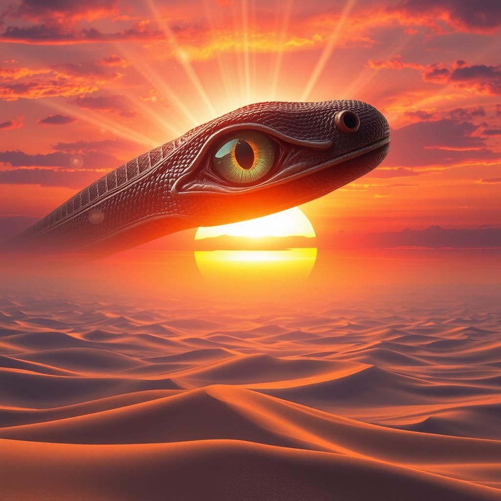 An arcane reptile eye soaring high above a vast desert at sunset, radiating with mystical energy