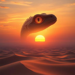 An arcane reptile eye soaring high above a vast desert at sunset, radiating with mystical energy