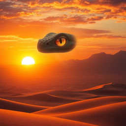 An arcane reptile eye soaring high above a vast desert at sunset, radiating with mystical energy