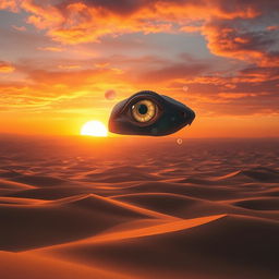 An arcane reptile eye soaring high above a vast desert at sunset, radiating with mystical energy