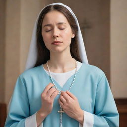 Cartoon style depiction of a serene woman with eyes closed, gently holding a rosary inside a church, facing a cross with Jesus on it.