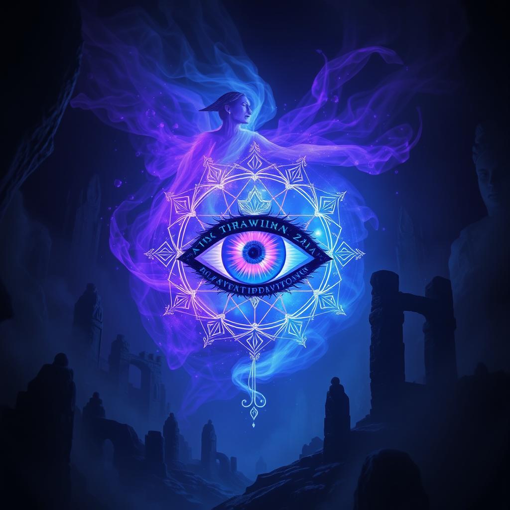 A captivating fantasy scene featuring a mystical arcane eye, floating in a dark, immersive atmosphere