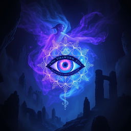 A captivating fantasy scene featuring a mystical arcane eye, floating in a dark, immersive atmosphere