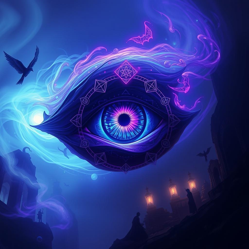 A captivating fantasy scene featuring a mystical arcane eye, floating in a dark, immersive atmosphere