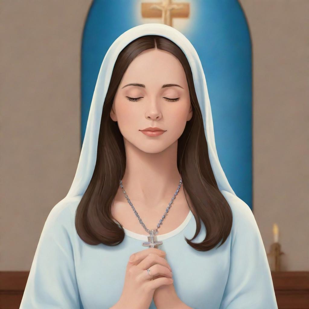 Cartoon style depiction of a serene woman with eyes closed, gently holding a rosary inside a church, facing a cross with Jesus on it.