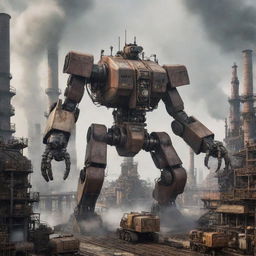 A colossal factorypunk mecha, created from industrial machinery components, surrounded by belching smokestacks and complex conveyor systems, in a landscape of massive factories.