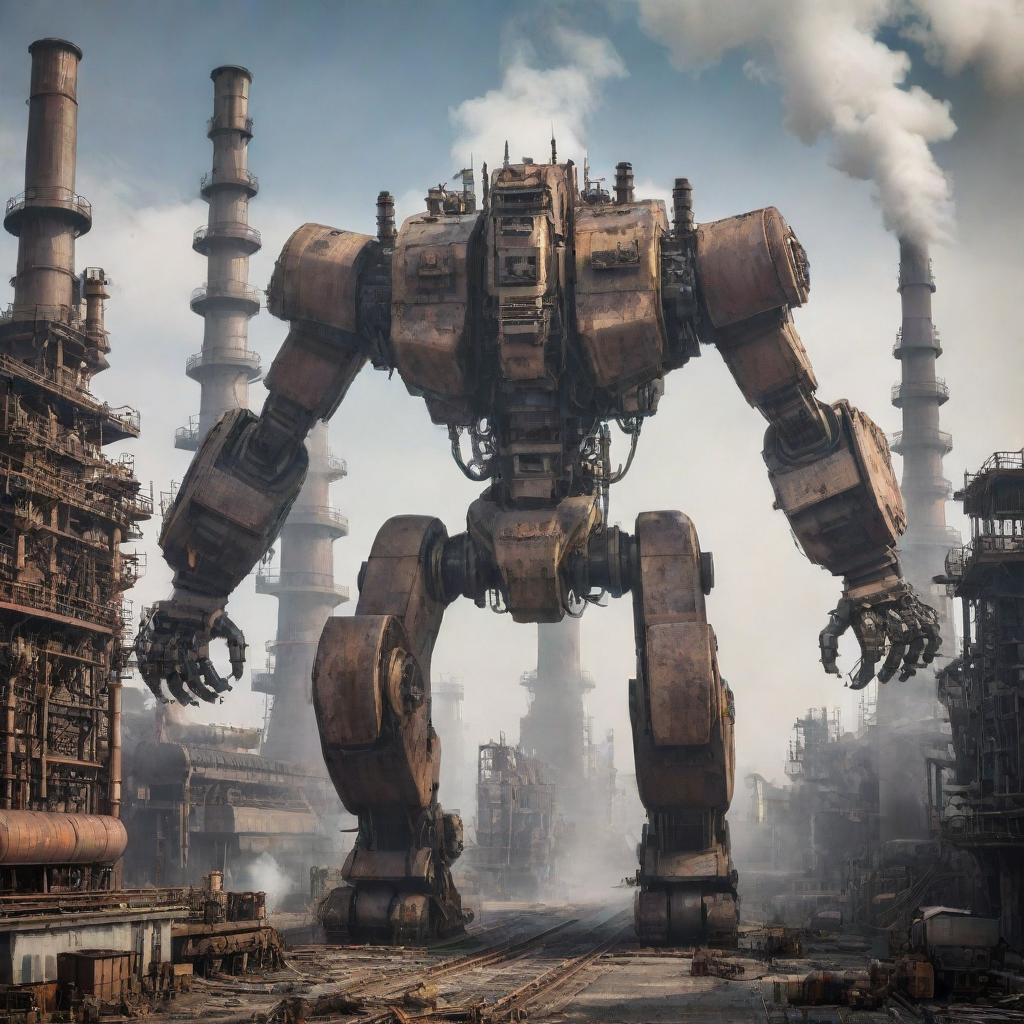 A colossal factorypunk mecha, created from industrial machinery components, surrounded by belching smokestacks and complex conveyor systems, in a landscape of massive factories.