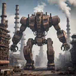 A colossal factorypunk mecha, created from industrial machinery components, surrounded by belching smokestacks and complex conveyor systems, in a landscape of massive factories.