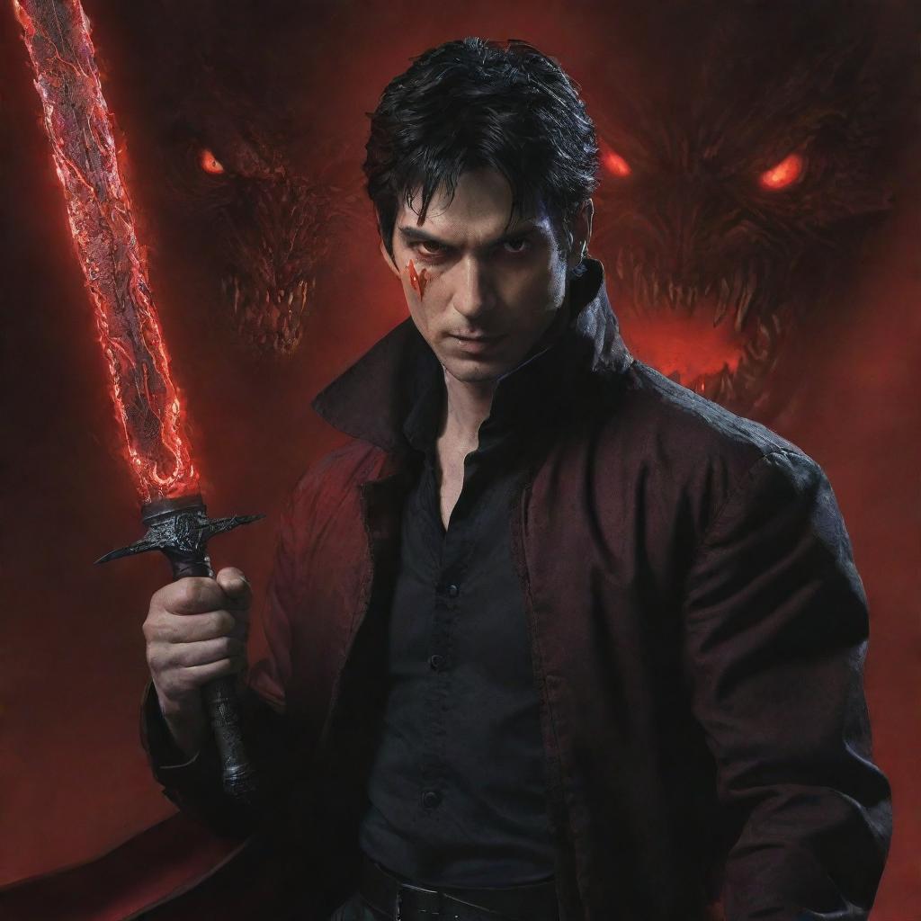 A black-haired man with red eyes, one glowing, attired in a dark red jacket, gripping a black dagger while battling monsters. Title: 'Over'.