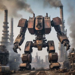 A colossal factorypunk mecha, created from industrial machinery components, surrounded by belching smokestacks and complex conveyor systems, in a landscape of massive factories.