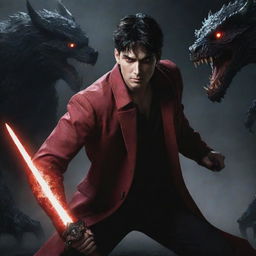 A black-haired man with red eyes, one glowing, attired in a dark red jacket, gripping a black dagger while battling monsters. Title: 'Over'.