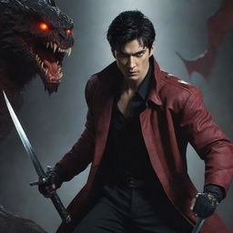 A black-haired man with red eyes, one glowing, attired in a dark red jacket, gripping a black dagger while battling monsters. Title: 'Over'.