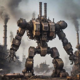 A colossal factorypunk mecha, created from industrial machinery components, surrounded by belching smokestacks and complex conveyor systems, in a landscape of massive factories.