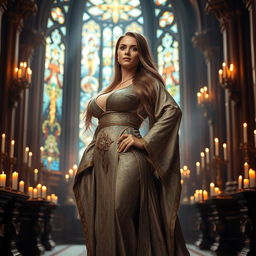 A voluptuous priestess dressed in ornate robes, adorned with intricate silver and gold patterns, standing confidently in a majestic temple filled with glowing candles and beautiful stained glass windows