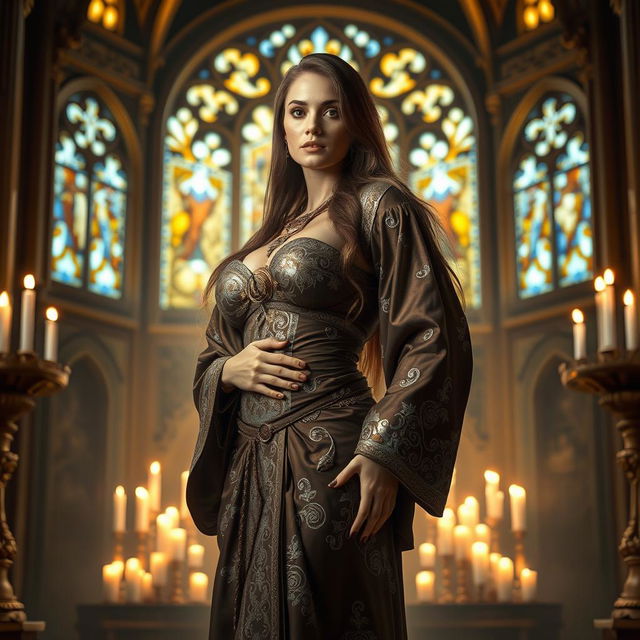 A voluptuous priestess dressed in ornate robes, adorned with intricate silver and gold patterns, standing confidently in a majestic temple filled with glowing candles and beautiful stained glass windows