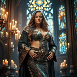 A voluptuous priestess dressed in ornate robes, adorned with intricate silver and gold patterns, standing confidently in a majestic temple filled with glowing candles and beautiful stained glass windows