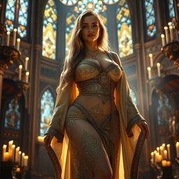 A voluptuous priestess dressed in ornate robes, adorned with intricate silver and gold patterns, standing confidently in a majestic temple filled with glowing candles and beautiful stained glass windows