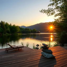 A serene landscape featuring a tranquil lake surrounded by lush green trees and mountains in the background