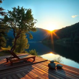 A serene landscape featuring a tranquil lake surrounded by lush green trees and mountains in the background