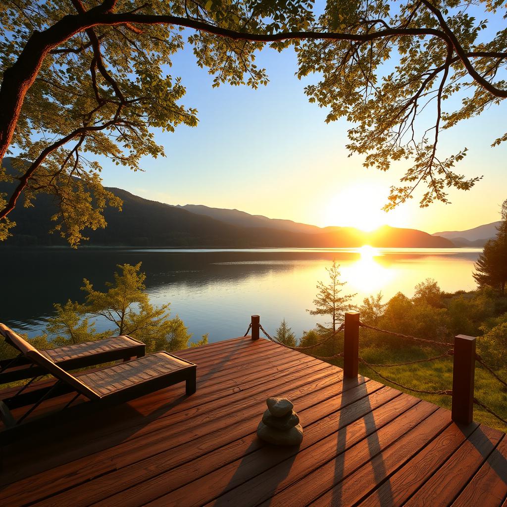 A serene landscape featuring a tranquil lake surrounded by lush green trees and mountains in the background