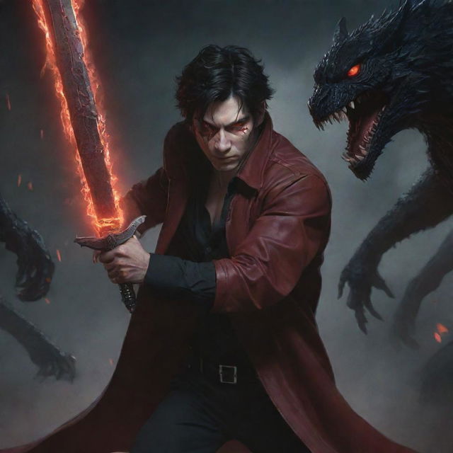 A black-haired man with red eyes, one glowing, attired in a dark red jacket, gripping a black dagger while battling monsters. Title: 'Over'.